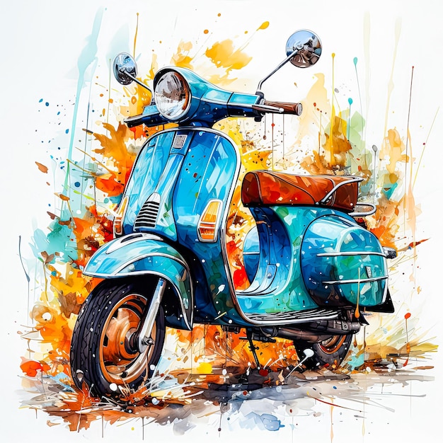 Artistic portrayal Moped adorned with colorful watercolor splashes