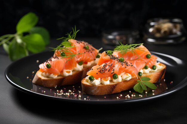 Artistic Presentation Delicate Open Salmon Sandwiches on Ceramic Plate