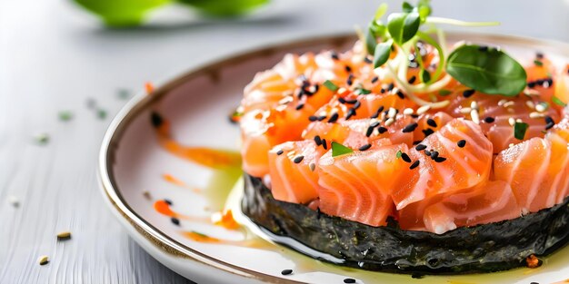 Photo artistic presentation of gourmet salmon tartare with nori and japanese spices on a modern plate concept food styling gourmet cuisine japanese ingredients modern presentation artistic plating