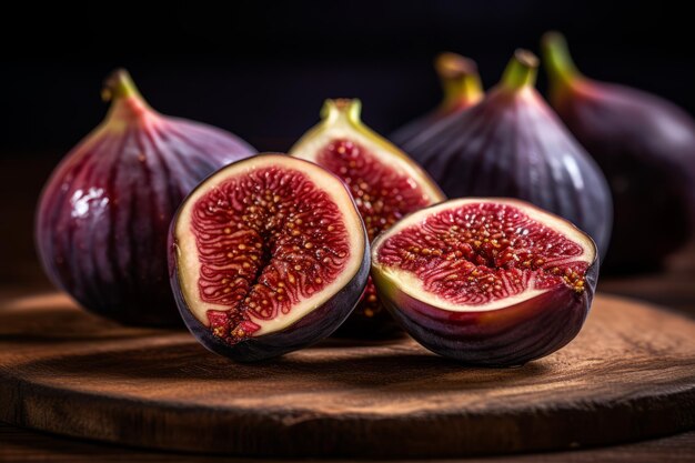 Artistic presentation of ripe and juicy figs on a vintage wooden surface