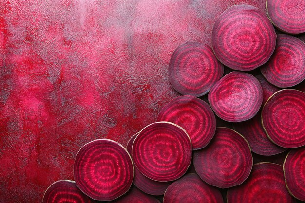 Photo artistic presentation of sliced beetroot showcasing vibrant red hues and detailed generated ai