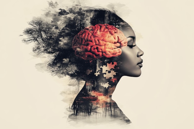 Artistic profile of a woman with an afro hairstyle and puzzle pieces integrated into her head repre