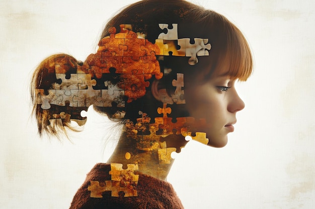 Artistic profile of a young girl with puzzle pieces forming her head symbolizing the early stages o