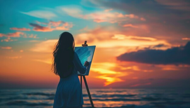 Artistic Reflection of a Sunset by the Serene Ocean With an Artist Painting