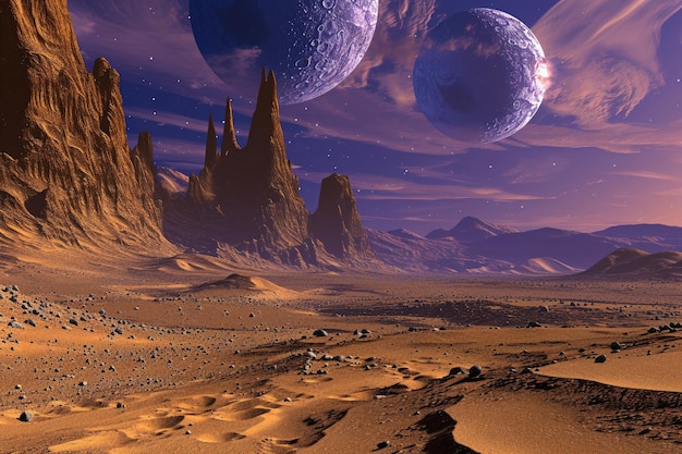 Photo artistic rendering of an extraterrestrial desert combining elements of science fiction and fantasy to depict a vast uninhabited landscape under a dual moon sky highlighting its mysterious and