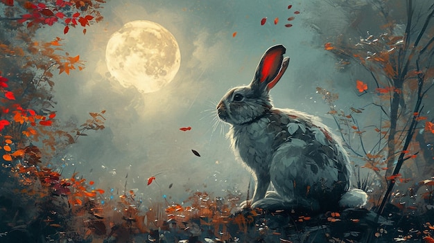 Photo an artistic rendering of the jade rabbit gazing at the full moon during the midautumn festival hd