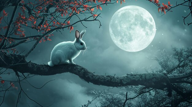 An artistic rendering of the Jade Rabbit gazing at the full moon during the MidAutumn Festival hd