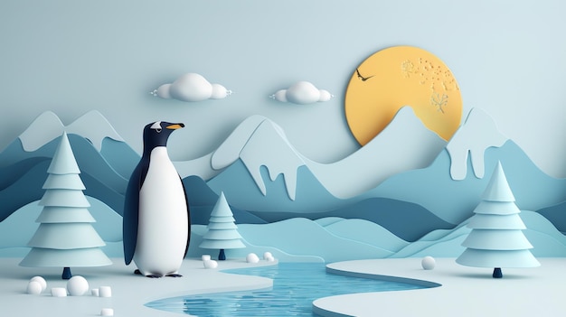 Photo artistic rendering of a penguin with snowy mountains and stylized trees under a yellow moon