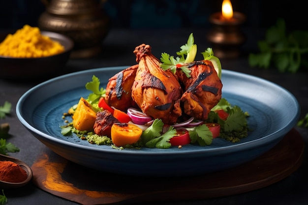 An artistic rendering of a tandoori chicken dish with