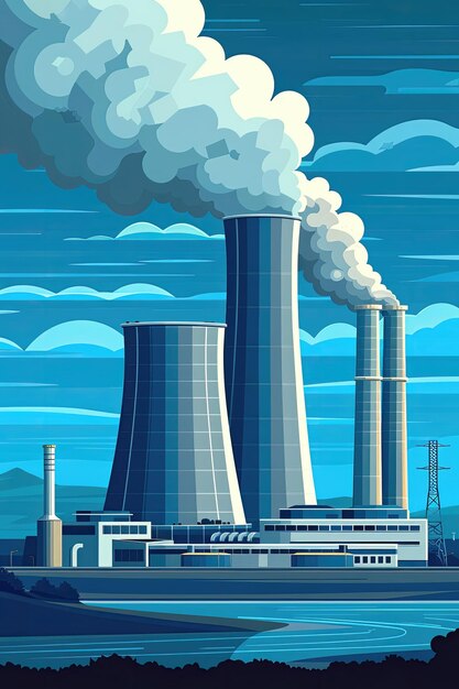 Artistic rendition of a power plant emitting smoke against a blue sky