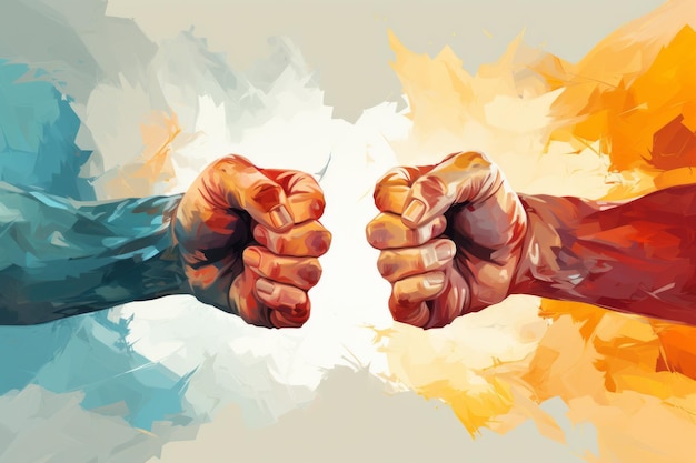 Artistic rendition of two arms pointing fingers in a colorful abstract style