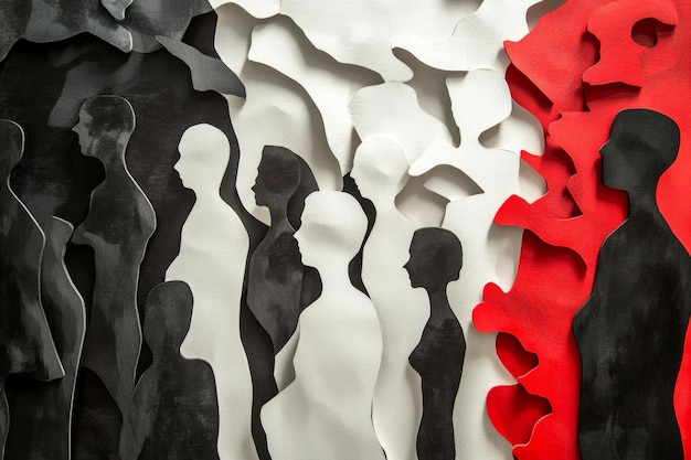 Artistic representation of the abortion debate through contrasting paper cutout figures