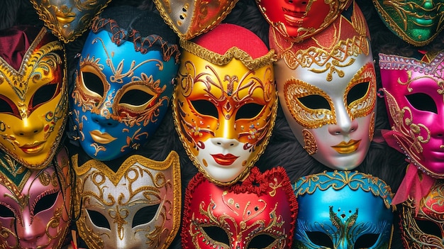 An artistic representation of colorful carnival masks arranged in a festive display carnival hd c