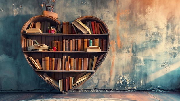 An artistic representation of a heartshaped bookshelf filled with love stories and romantic novels