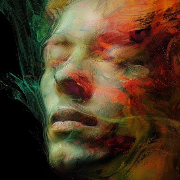 Photo artistic representation of a human face surrounded by vibrant abstract swirls in multicolored hues