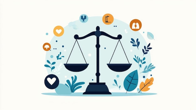 Photo an artistic representation of justice scales surrounded by symbols of balance and harmony ideal for legal and ethical themes