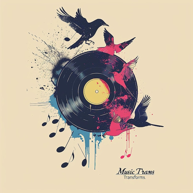 An artistic representation of a melting vinyl record with music notes morphing into birds