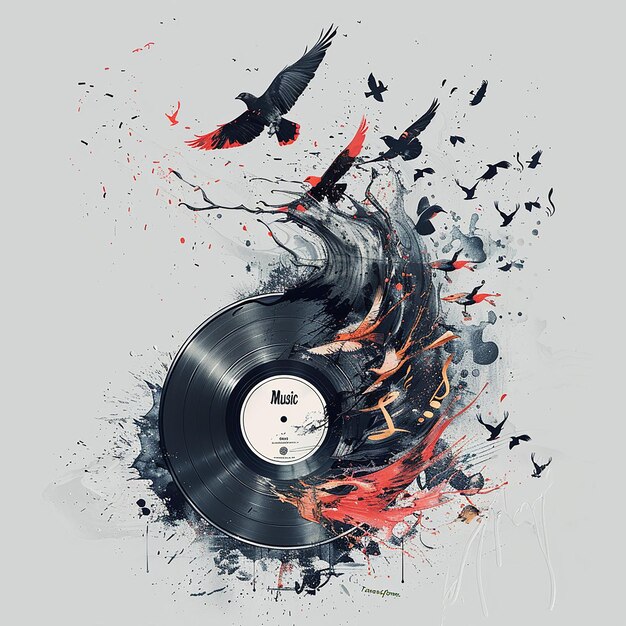 An artistic representation of a melting vinyl record with music notes morphing into birds