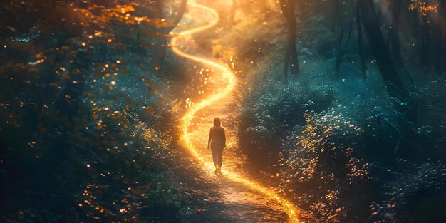 Photo artistic representation of person on winding path with ethereal light concept abstract art surrealism nature ethereal light winding path