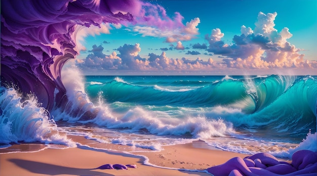 An artistic representation of a sea beach filled with dreamlike elements generated by ai