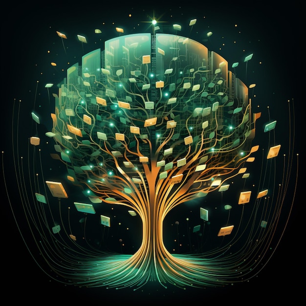 An artistic representation of the Tree of Life featuring glowing golden branches against a backdrop