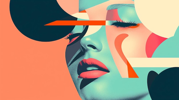 An artistic representation of a womans face with vibrant colors and abstract shapes showcasing modern digital art techniques