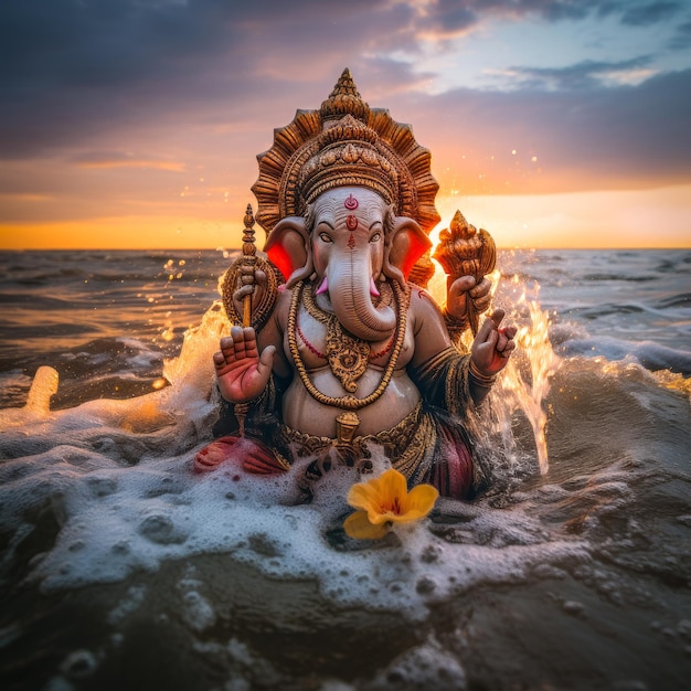 artistic reproduction of the Indian god ganesha in the sea generated by ai