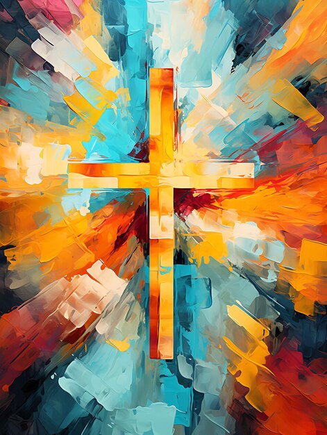 Artistic Sacred Cross Made of Abstract Painted Wooden Panels Cross Palm Sunday Photo Christian Art