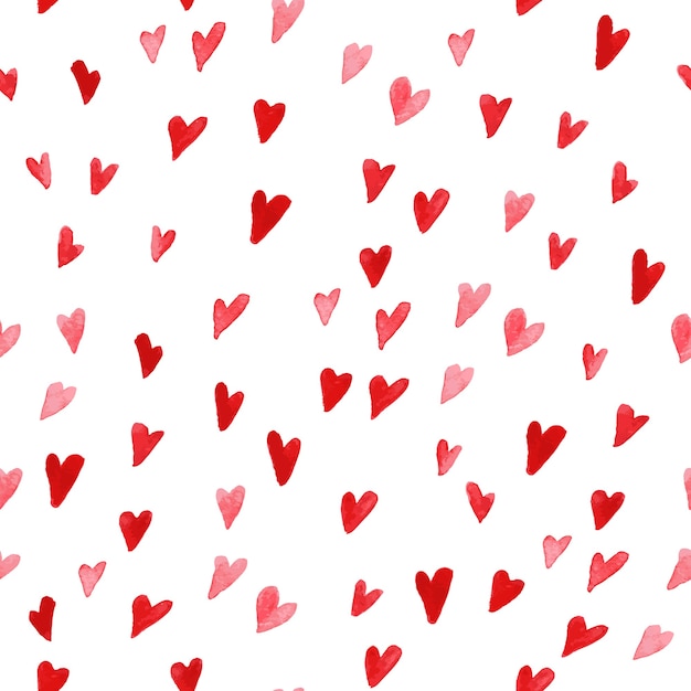 Artistic seamless pattern with watercolor hand drawn hearts isolated on white background. Paint drawing. Good for Valentine day card design, package paper. Love and romantic theme.