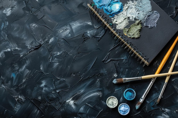 Photo artistic setup with blank sketchbook paintbrushes and paint palette on dark textured background