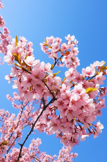 An artistic shot of cherry blossoms from a low angle with a clear blue sky as the backdrop