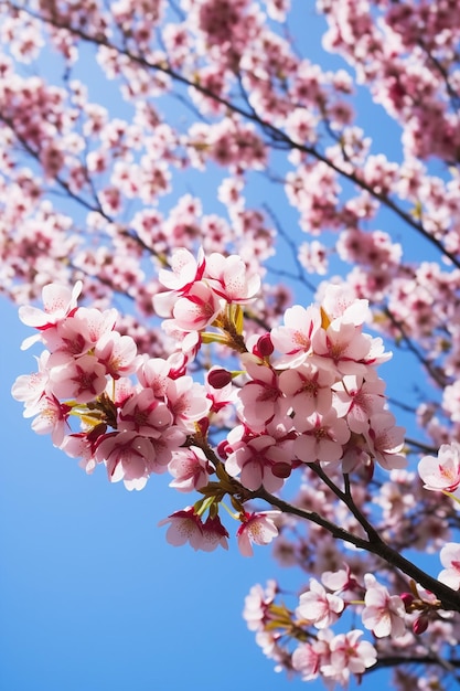 An artistic shot of cherry blossoms from a low angle with a clear blue sky as the backdrop