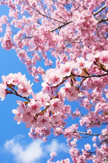 An artistic shot of cherry blossoms from a low angle with a clear blue sky as the backdrop