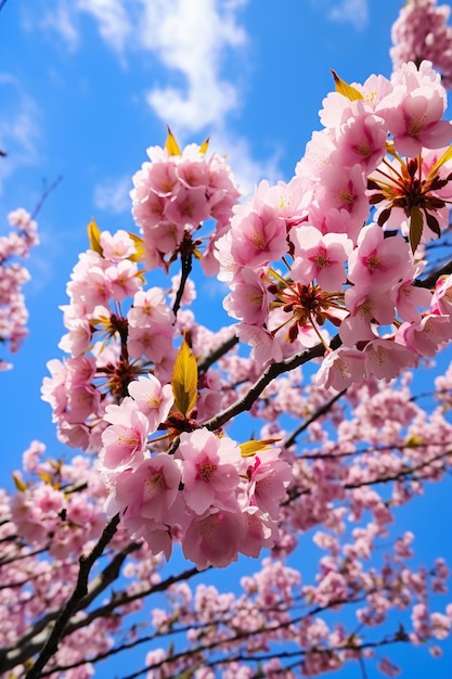 An artistic shot of cherry blossoms from a low angle with a clear blue sky as the backdrop