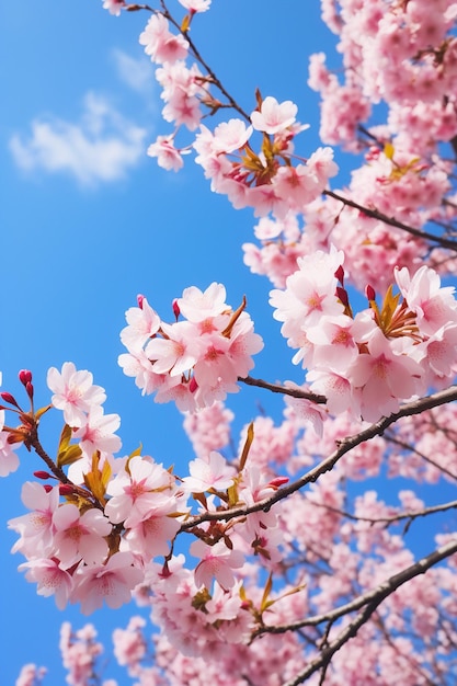 An artistic shot of cherry blossoms from a low angle with a clear blue sky as the backdrop