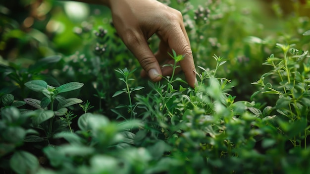 Artistic shot of a hand selecting herbs from a lush garden with focus on touch and vibrant plants ar 169 Job ID 2f5e43861f164eb1bbd5621260706472