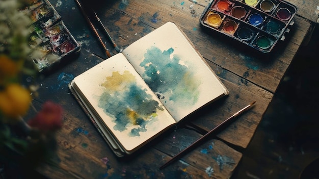 Photo an artistic shot of a notebook with watercolor illustrations lying on a wooden table with a paintbrush and palette nearby