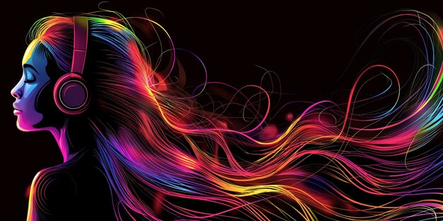 Artistic silhouette of a woman with colorful hair and headphones on dark background