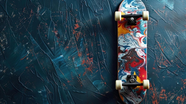 Artistic skateboard with colorful abstract design on textured blue background