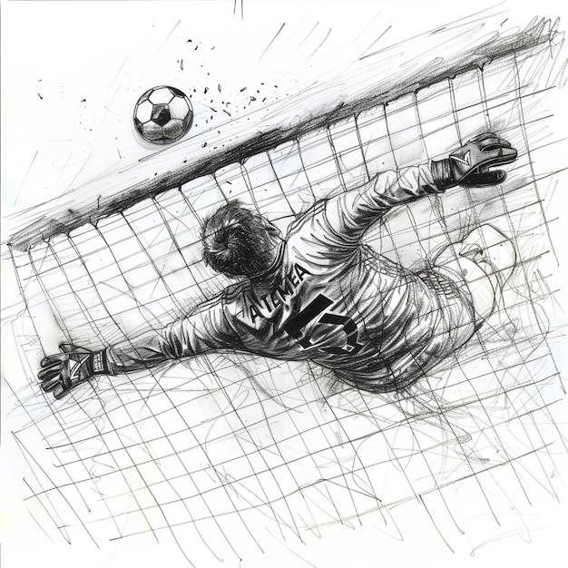 Photo artistic sketch of a goalkeeper diving to save a shot into the net