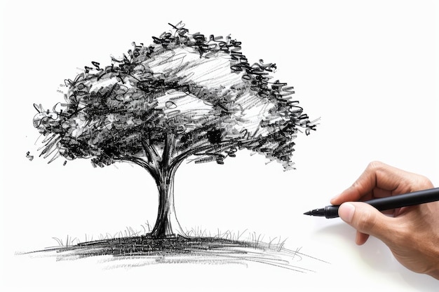 Photo artistic sketch of a tree being drawn on white paper with a hand holding a black pen capturing creativity in a serene moment