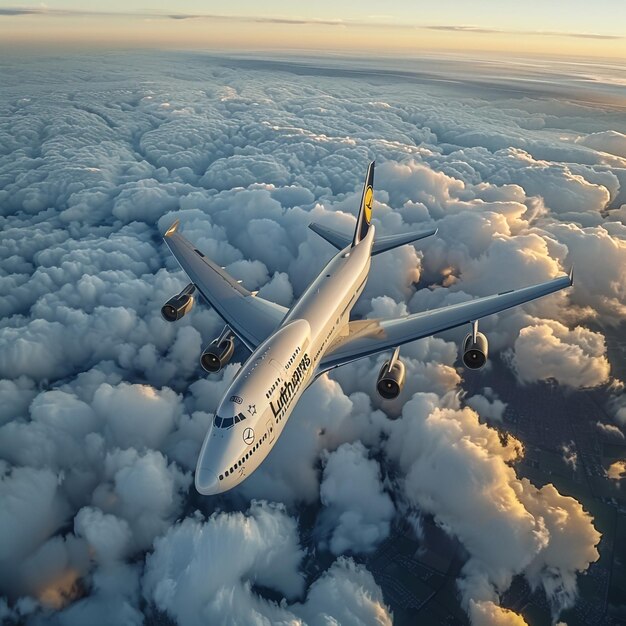 Photo an artistic skyscape view of a commercial jet aircraft flyng in a vibrant blue sky with bright whit