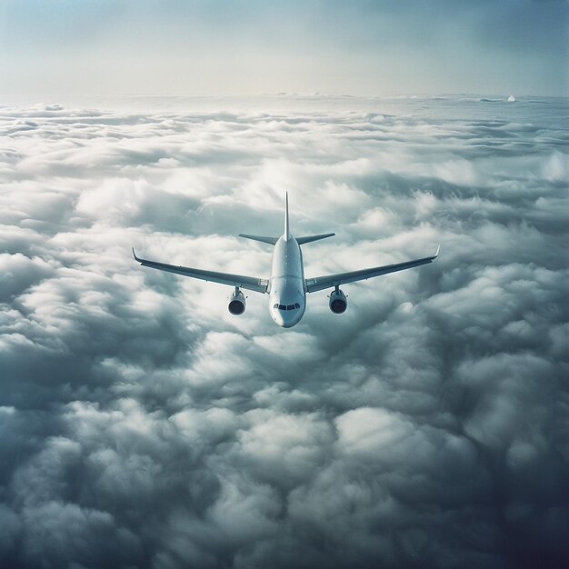 Photo an artistic skyscape view of a commercial jet aircraft flyng in a vibrant blue sky with bright whit