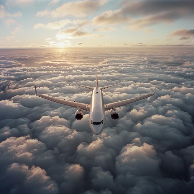 Photo an artistic skyscape view of a commercial jet aircraft flyng in a vibrant blue sky with bright whit