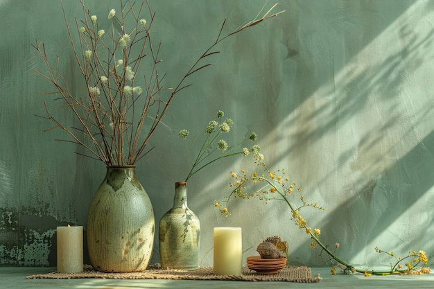 Artistic still life composition against a serene green backdrop showcasing natural elements