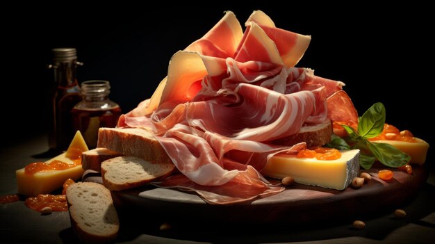 Artistic Still Life Fresh Meats And Cheeses On A Wooden Plate