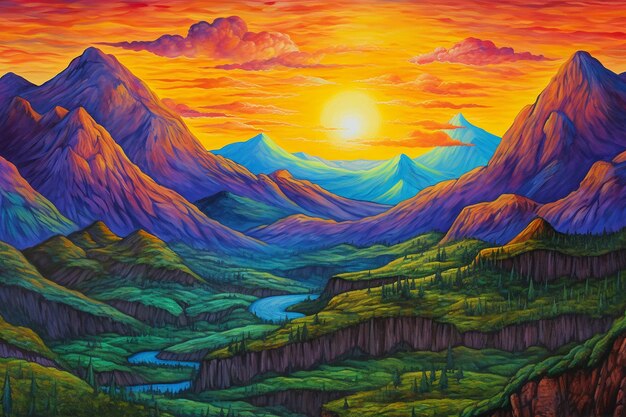 Artistic Sunset Over a Mountain Painting