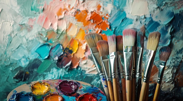 Photo artistic tools and vibrant colors displayed on a palette with brushes ready for painting