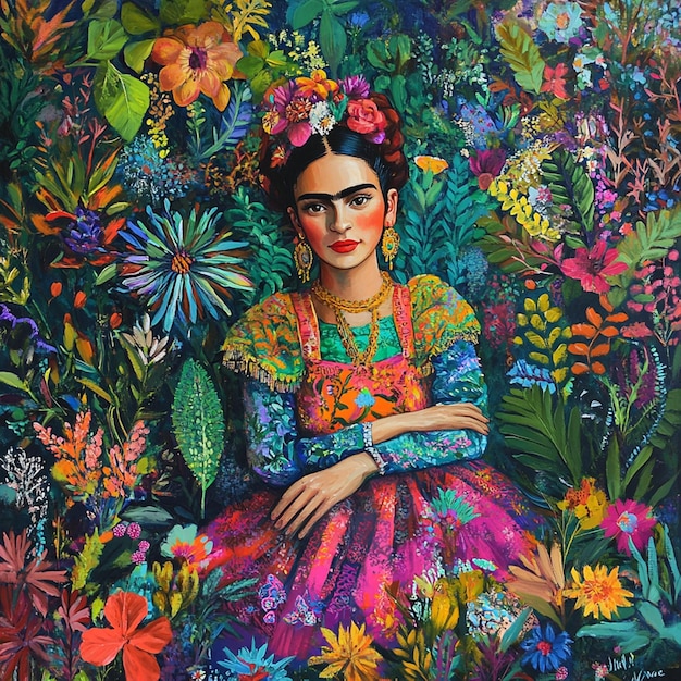 Photo artistic tribute to frida kahlo woman in traditional tehuana dress with vibrant flora