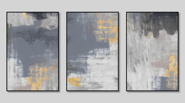 Artistic triptych composed of abstract gold and gray vintage textures